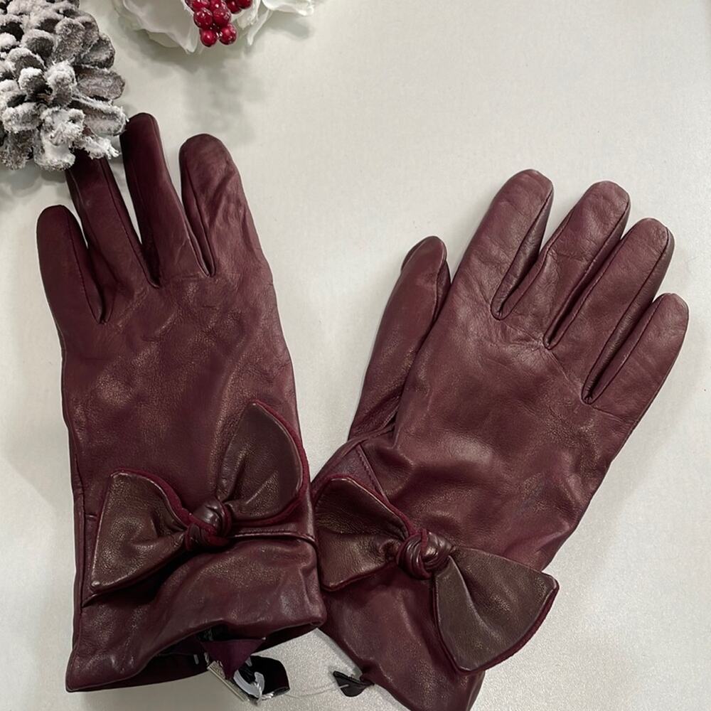 Bruno Magli Cashmere Lined Leather‎ Bow Gloves Burgundy XL Retails: $195